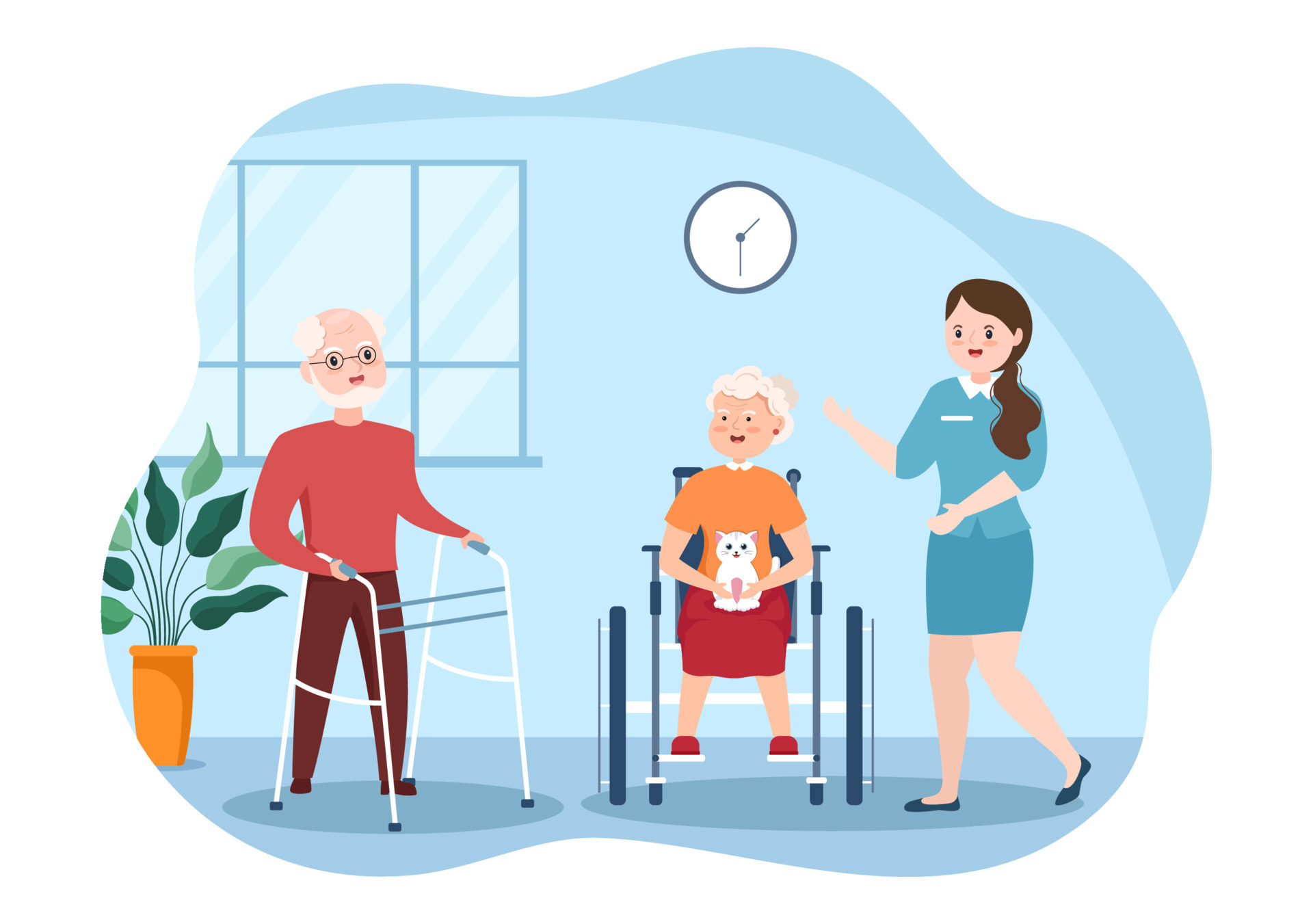 Ilustración de adultos mayores acompañados por una cuidadora