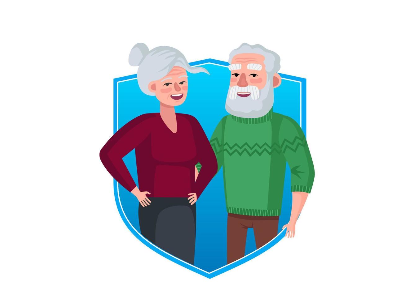Ilustración de dos adultos mayores delante de un escudo
